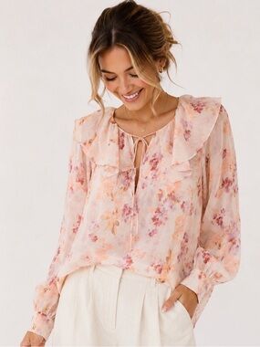 Floral Ruffle Collar Sheer Blouse Cottagecore Boho Prairie Size M